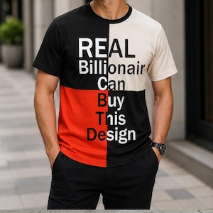 May include: A short-sleeve crew neck t-shirt featuring a colour-blocked design in black, off-white, and red. The front displays the white text REAL Billionair Can Buy This Design vertically aligned across the contrasting colour panels.