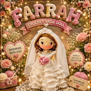May include: A crochet bride doll wearing a white tiered dress, a veil, and a tiara, holding a small pink bouquet. The background features the text FARRAH CROCHET BRIDE DOLL, two heart-shaped signs with text, and floral decorations with warm fairy lights.