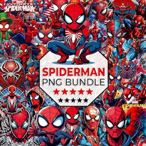 Puede incluir: Un collage vibrante de ilustraciones de Spider-Man en rojo, azul y negro. La imagen central muestra a un Spider-Man de dibujos animados en cuclillas, haciendo el signo de la paz. El texto "SPIDERMAN PNG BUNDLE" se muestra sobre un fondo blanco y rojo, con cinco estrellas debajo.