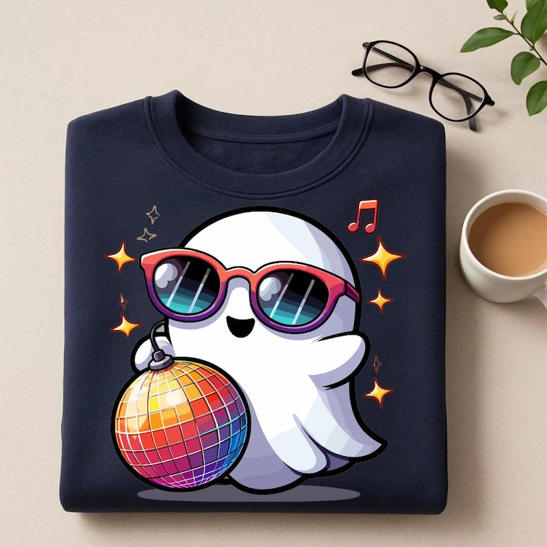 May include: Navy blue sweatshirt featuring a cartoon ghost wearing red sunglasses and holding a disco ball. The ghost is surrounded by stars and musical notes. A fun, colorful design for Halloween or a party.