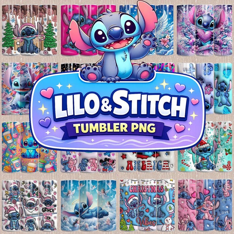 May include: A collection of Lilo & Stitch-themed tumbler designs. The designs feature the character Stitch in various poses and settings, including Christmas themes. The text "Lilo & Stitch TUMBLER PNG" is displayed prominently.