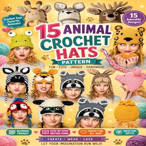 May include: A digital book cover titled 15 Animal Crochet Hats Pattern featuring various colorful crocheted animal-themed hats including a giraffe, frog, leopard, zebra, tiger, raccoon, rabbit, pig, and parrot, with text and paw print graphics.