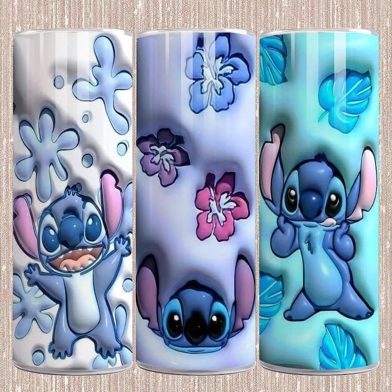 May include: Three tumblers with cartoon character Stitch designs. One tumbler has a white background with blue snowflake shapes and Stitch. Another has a light purple background with pink and blue flowers and Stitch. The third has a blue background with Stitch and blue leaves.