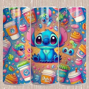 May include: A tumbler featuring a cartoon Stitch character surrounded by coffee cups, desserts, and other colorful elements. The design includes the text "Dutch Bros" on some of the cups, with a vibrant blue, pink, and orange color scheme.
