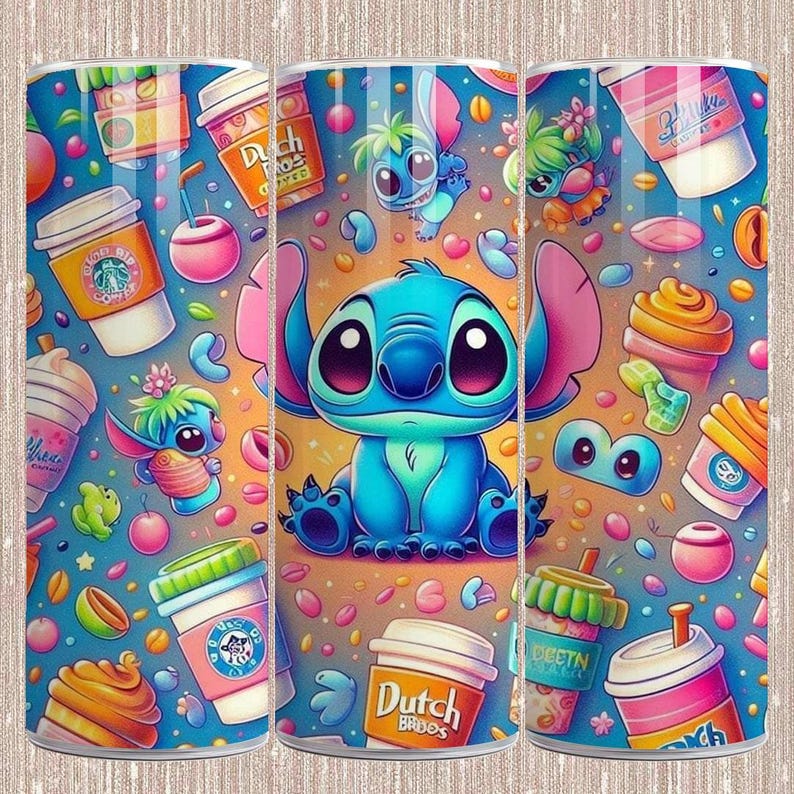 May include: A tumbler featuring a cartoon Stitch character surrounded by coffee cups, desserts, and other colorful elements. The design includes the text "Dutch Bros" on some of the cups, with a vibrant blue, pink, and orange color scheme.