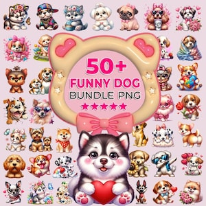 50+ roliga hund-png-paket, högkvalitativa hund-clipart, födelsedagshund, hundpojke, tecknad-png, silhuett och gör-det-själv, digital nedladdning av serietidningshund