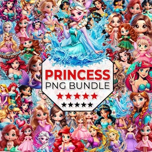 May include: A vibrant collage of cartoon princesses, including Elsa, Ariel, and Jasmine, with a central banner reading "PRINCESS PNG BUNDLE." The princesses are depicted in various poses and outfits, surrounded by splashes of water and floral elements.
