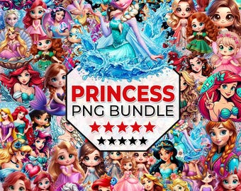 May include: A vibrant collage of cartoon princesses, including Elsa, Ariel, and Jasmine, with a central banner reading "PRINCESS PNG BUNDLE." The princesses are depicted in various poses and outfits, surrounded by splashes of water and floral elements.