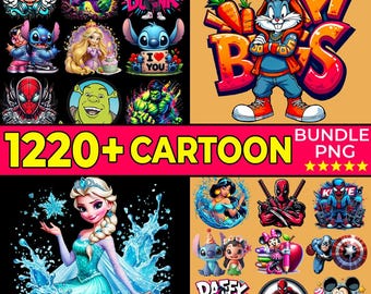 May include: A vibrant digital art bundle featuring cartoon characters like Mickey Mouse, Elsa, and Bugs Bunny. The image includes the text "1220+ CARTOON BUNDLE PNG" and various other cartoon illustrations. The overall color scheme is bright and colorful.