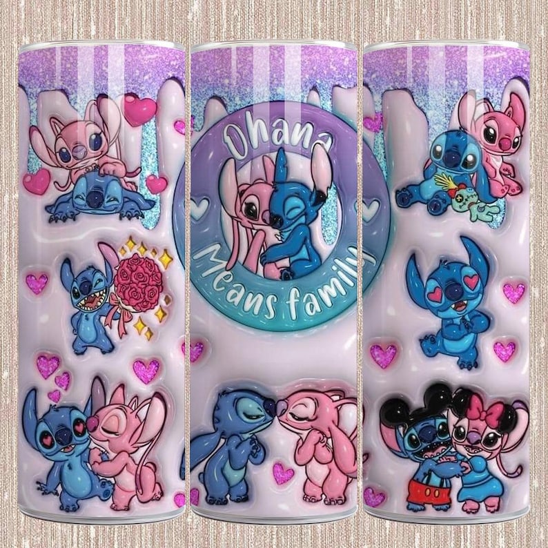 May include: A tumbler featuring the characters Stitch and Angel in various poses. The design includes hearts, a floral bouquet, and the phrase "Ohana Means Family" in a circular emblem. The background has a glittery, dripped paint effect.