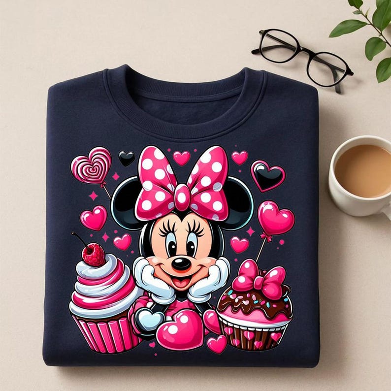 May include: Navy blue sweatshirt featuring a Minnie Mouse graphic with a pink polka dot bow, surrounded by pink hearts and cupcakes. The design includes a heart-shaped lollipop and a cupcake with a cherry on top.