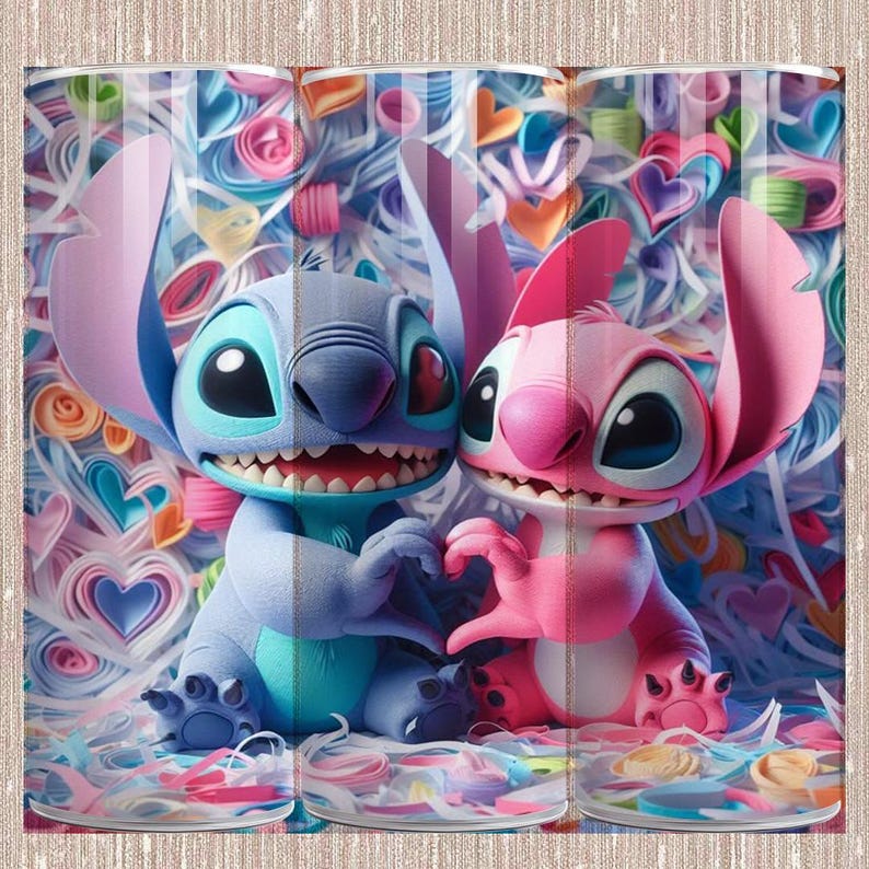 May include: A vibrant image features the characters Stitch and Angel from Lilo & Stitch. Stitch is blue, and Angel is pink, both smiling. They are surrounded by colorful hearts and ribbons, creating a cheerful and playful scene.