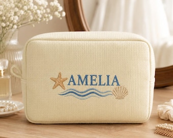 Personalized Beach Makeup Bag, Custom Name Embroidered Waffle Cosmetic Pouch, Starfish Seashell Coastal Bridesmaid Gift, Travel Toiletry Bag
