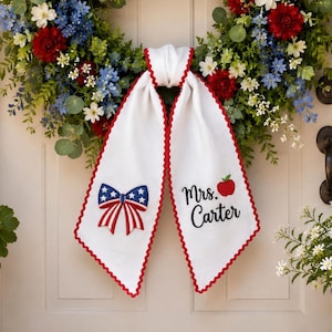 Embroidered Patriotic Wreath Sash, Grandmillennial USA Flag Door Ribbon, Elegant 4th of July Home Decor, Monogram Summer Wreath Bow