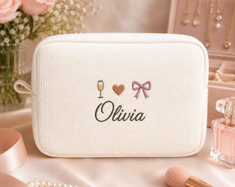 Pochette per il trucco ricamata "Essenziali da sposa", regalo personalizzato per damigella d'onore, pochette cosmetica a nido d'ape, beauty case da viaggio personalizzato con nome per la sposa