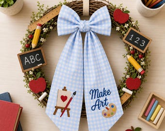 Personalized Art Teacher Wreath Sash with Name, Make Art Door Ribbon, Back to School Classroom Decor, Gingham Bow Teacher Gift