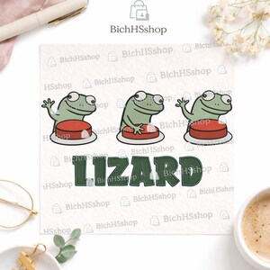 May include: A white paper with three green cartoon lizards on red buttons, with the word "LIZARD" in green block letters. The image has a playful, whimsical design, suitable for children's products.