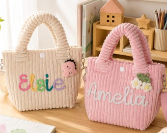Personalized Corduroy Tote Bag, Custom Name Toddler Handbag, Flower Girl Gift