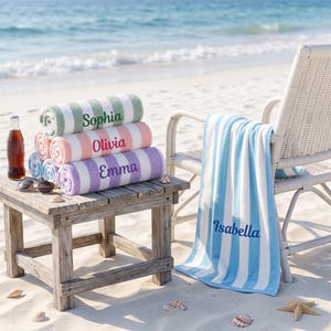 Personalized Cabana Stripe Beach Towel, Embroidered Name Pool Towel, Cotton Blend Summer Vacation