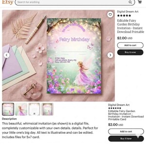 Plantilla de invitación de cumpleaños de hadas, editable, para niña del bosque encantado, descarga digital (5x7)