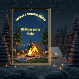 Könnte beinhalten: Digitale Einladung zu einer Geburtstagsparty unter den Sternen, mit Lagerfeuer, Zelten und Kiefern. Der Text lautet "Begleiten Sie uns für eine Nacht unter den Sternen" und "Geburtstagsparty Maier."