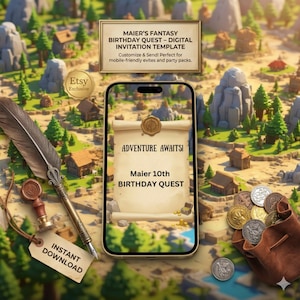 Plantilla de invitación de cumpleaños de Video Game Quest: Mapa de rol editable