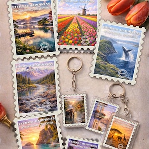 May include: Keyrings and stamp-shaped designs showcasing landscapes such as a field of tulips, a whale breaching, and a sunset over the sea. The text "ETERNAL HAPPINESS INTERNATIONAL CONVENTION" is visible. The text "DIGITAL DESIGN ONLY" is also visible.