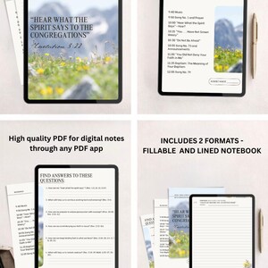May include: Digital notebook with the text "Hear What the Spirit Says to the Congregations" and Revelation 3:22. Includes fillable and lined formats, with linked program tabs, Bible verses, and songs. High-quality PDF for digital notes.