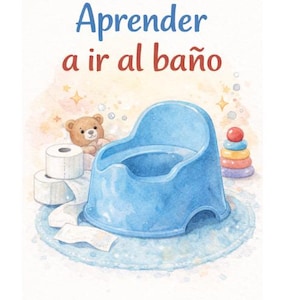 以下が含まれることがあります： 青いおまる、トイレットペーパーのロール、テディベアを描いた水彩イラスト。テキスト「Aprender a ir al baño」は青と赤で書かれています。カラフルな積み重ね玩具も表示されています。