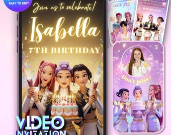 Kpop Demon Hunters Golden Birthday Video Invitation – Editable Canva Digital Animated Mobile Party Invite (Huntrix Gold And White Suits)