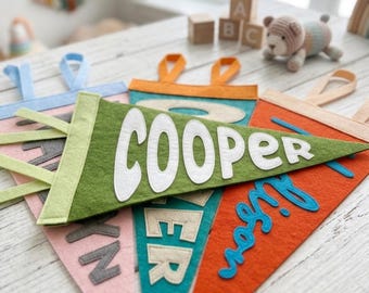 Personalized Felt Name Pennant Flag | Custom Triangle Nursery Wall Decor, Neutral Colors