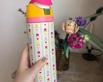 32oz Stainless Steel Owala Water Bottle Engraved with Pink Flowers