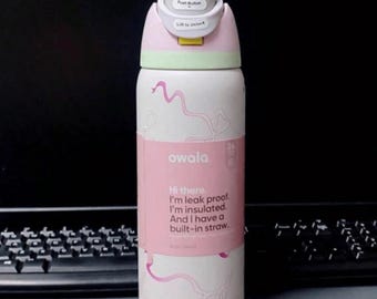 32oz Stainless Steel Owala Water Bottle Engraved with Pink Belt Designs, Personalized Gift for Women