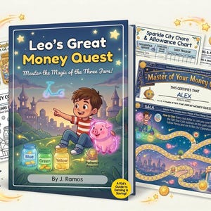 May include: A children's book titled "Leo's Great Money Quest" with a cartoon illustration of a boy, a pig, and jars. Accompanying materials include a chore chart, activity pages, and a certificate. The book teaches kids about earning and saving.