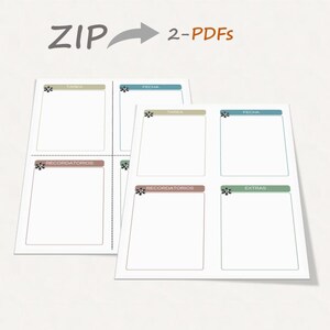 Puede incluir: Dos documentos PDF imprimibles con fondo claro. Cada documento tiene un diseño de cuadrícula con secciones etiquetadas en español: "TAREA", "FECHA", "LIBRE", "RECORDATORIOS" y "EXTRAS". La imagen también incluye el texto "ZIP" y "2-PDFs".
