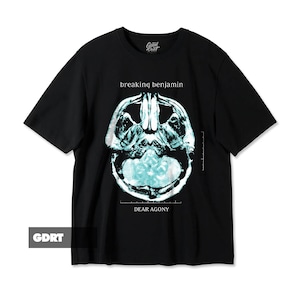 May include: Black t-shirt featuring a teal and white graphic of a human skull with the text "breaking benjamin" above and "DEAR AGONY" below. The shirt has short sleeves and a crew neck.