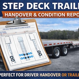 Puede incluir: Imagen de un remolque de plataforma con un portapapeles en primer plano. El portapapeles muestra un "Step Deck Trailer Handover & Condition Report". El texto "Perfect for Driver Handover or Trailer Rental" está en la parte inferior.