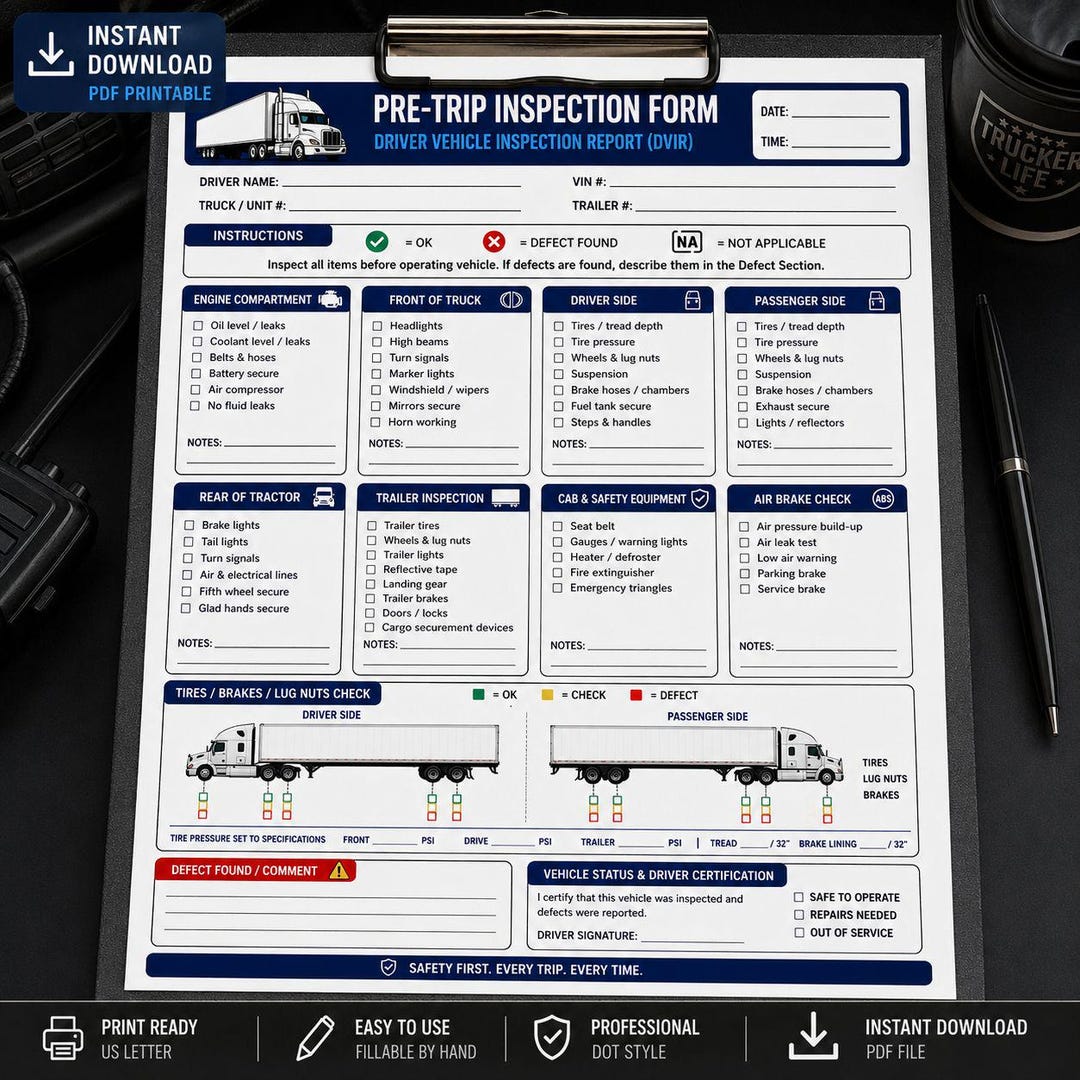 Pre-trip Inspection Form, DVIR Checklist, Semi Truck Driver Report (PDF ...
