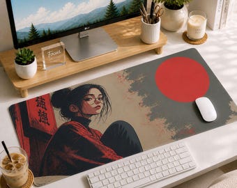 Tappetino da scrivania giapponese, tappetino per mouse con ragazza anime e sole rosso, per una grande postazione da gioco.