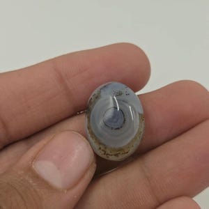 以下が含まれることがあります： 水色、灰色、白の同心円状の帯模様を持つ、楕円形の磨かれた宝石。石の表面には、暗い中心核と下端に沿った土のような茶色のインクルージョンがあり、目のような独特の模様がはっきりと浮かび上がっています。