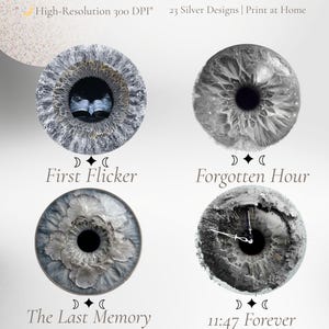 Pode incluir: Quatro designs com tema de olhos com o texto "THE KEEPER OF FORGOTTEN HOURS". Os designs incluem "First Flicker", "Forgotten Hour", "The Last Memory" e "11:47 Forever". O texto "High-Resolution 300 DPI" também está presente.