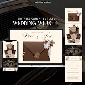 Puede incluir: Una plantilla de sitio web de bodas digital mostrada en una computadora portátil y un teléfono inteligente. El diseño presenta un sobre marrón con un sello de cera, adornos florales y los nombres "Leena & Jay". El texto "Wedding Website" también es visible.
