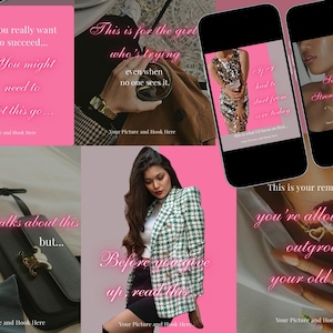 Może przedstawiać: Kolaż zdjęć z różowym i szarym tłem. Obrazy obejmują szminkę, biżuterię, torebkę i kobietę w marynarce. Nakładki tekstowe brzmią: "Jeśli naprawdę chcesz odnieść sukces...", "To jest dla dziewczyny, która próbuje..." i "Miękkie życie, wysokie standardy."