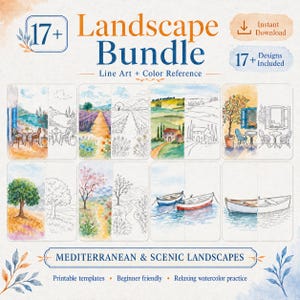 May include: A digital bundle of 17+ landscape art templates featuring watercolor scenes paired with line art. The text reads 17+ Landscape Bundle, Line Art + Color Reference, Instant Download, 17+ Designs Included, and Mediterranean & Scenic Landscapes.