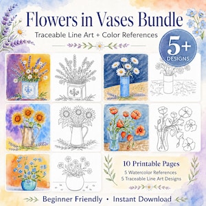 Peut inclure: Un ensemble numérique intitulé Flowers in Vases Bundle comprenant 10 pages imprimables avec 5 références de fleurs à l'aquarelle et 5 dessins au trait à tracer. Les images montrent de la lavande, des marguerites, des tournesols et des coquelicots.