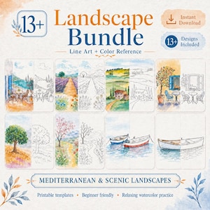Landscape Watercolor Template Bundle, 13 Printable Line Art Designs with Artist References for Beginners