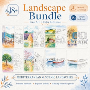 May include: A digital landscape bundle featuring 18+ printable templates with watercolour scenes and matching line art. The collection includes Mediterranean and scenic landscapes, such as coastal views, lavender fields, boats, and trees, designed for watercolour practice.