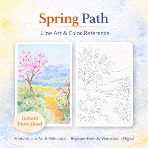 Puede incluir: Una impresión de arte digital titulada "Spring Path" con una pintura de acuarela de un camino a través de un campo con un árbol en flor y montañas. La imagen incluye una versión de arte lineal y el texto "Instant Download."