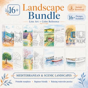 Landscape Watercolor Template Bundle, 16+ Printable Line Art Designs with Artist References for Beginners