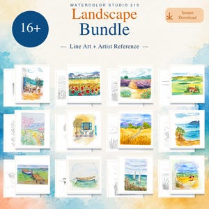 Könnte beinhalten: Eine digitale Sammlung mit dem Titel Watercolor Studio 213 Landscape Bundle, die über 16 Aquarellillustrationen und Strichzeichnungen enthält. Die Bilder zeigen verschiedene Außenansichten wie Felder, Küsten, Boote und Gärten.
